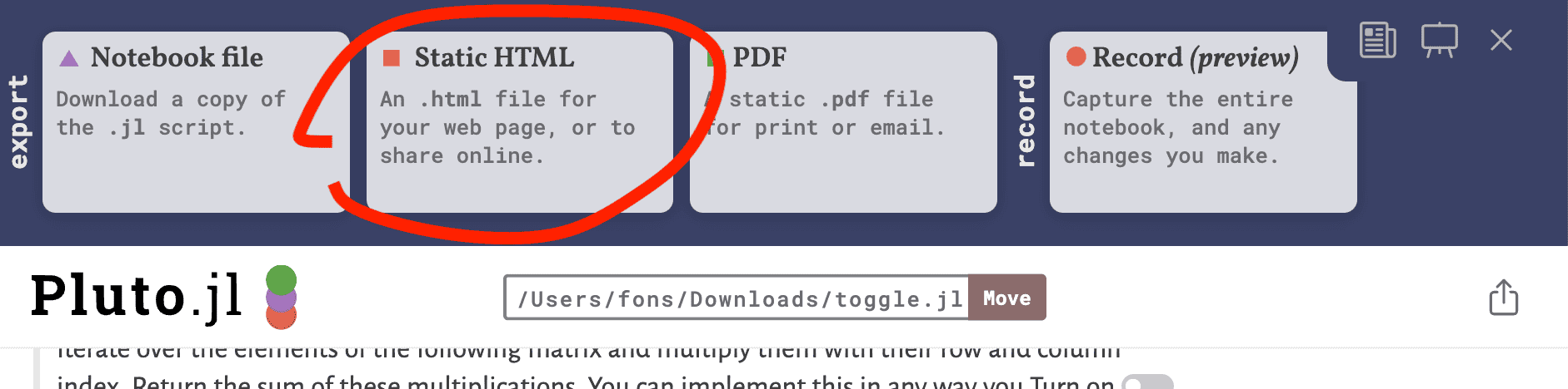 Screenshot of the export options